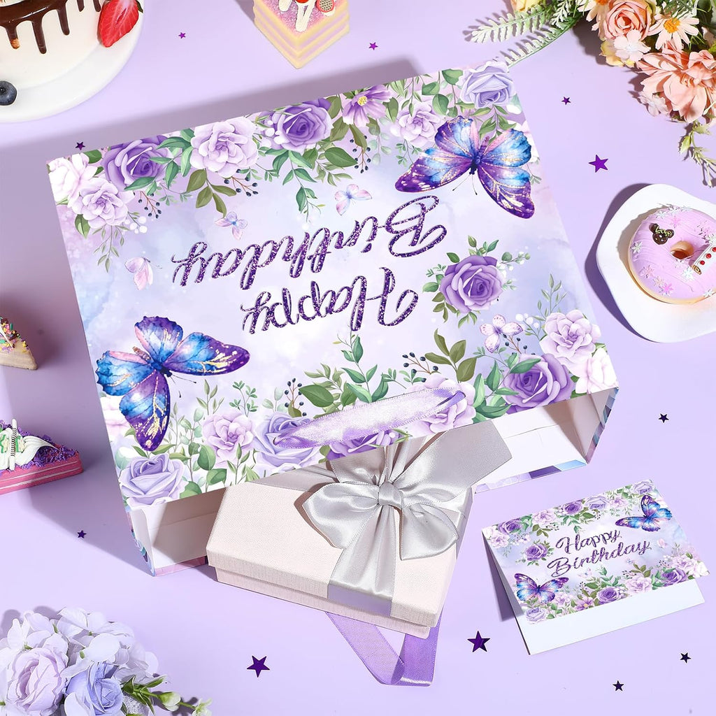 LUUFILx Butterfly Birthday Gift Bag for Girls Women Butterfly Flower Party Favor Bags with Wrapping Paper Card Purple Pink Floral Gift Bag for Baby Shower Birthday Decorations Party Supplies (Floral)