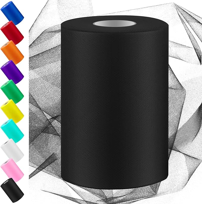 Swpeet 6 Inch by 100 Yards Black Tulle Fabric Roll, Fabric Spool Tulle Ribbon, Netting Polyester Spool Ideal for DIY Handmade Birthday Party Wedding Decorations Christmas Craft Supplies