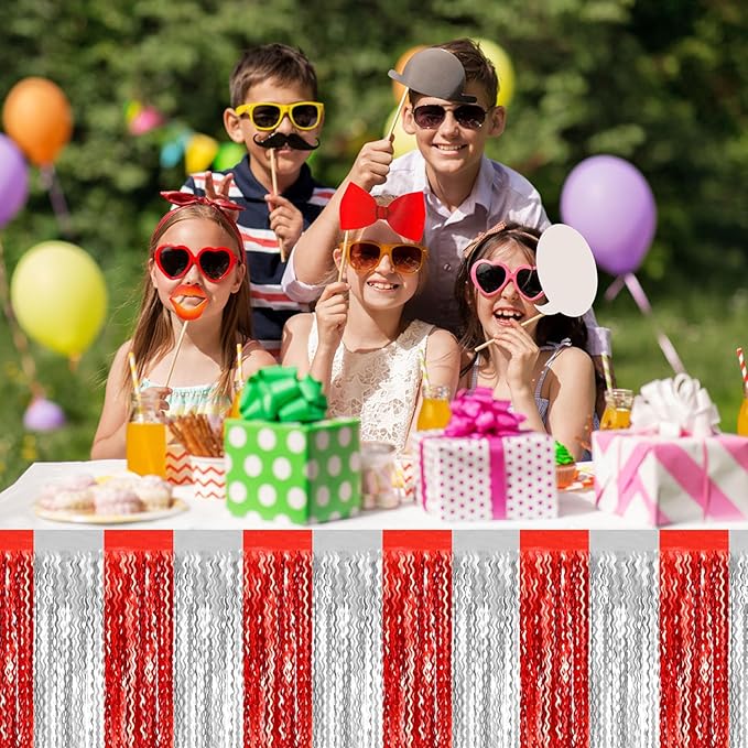 6 Pack 29 x108 Inch Red Silver Wave Foil Fringe Table Skirts Metallic Banner for Tinsel Streamer Garland Backdrop for Parade Floats, Mother's Day, Easter, Wedding, Birthday Party Decoration