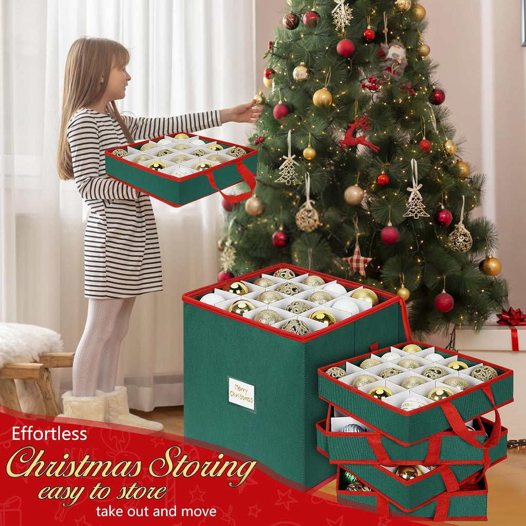 Christmas Ornament Storage Box Stores 64 Ornaments, with Adjustable Dividers, 4 Removable Trays, Dual Zippers, Non-Woven Christmas Ornament Organizer Holder, Christmas Ball Storage Container