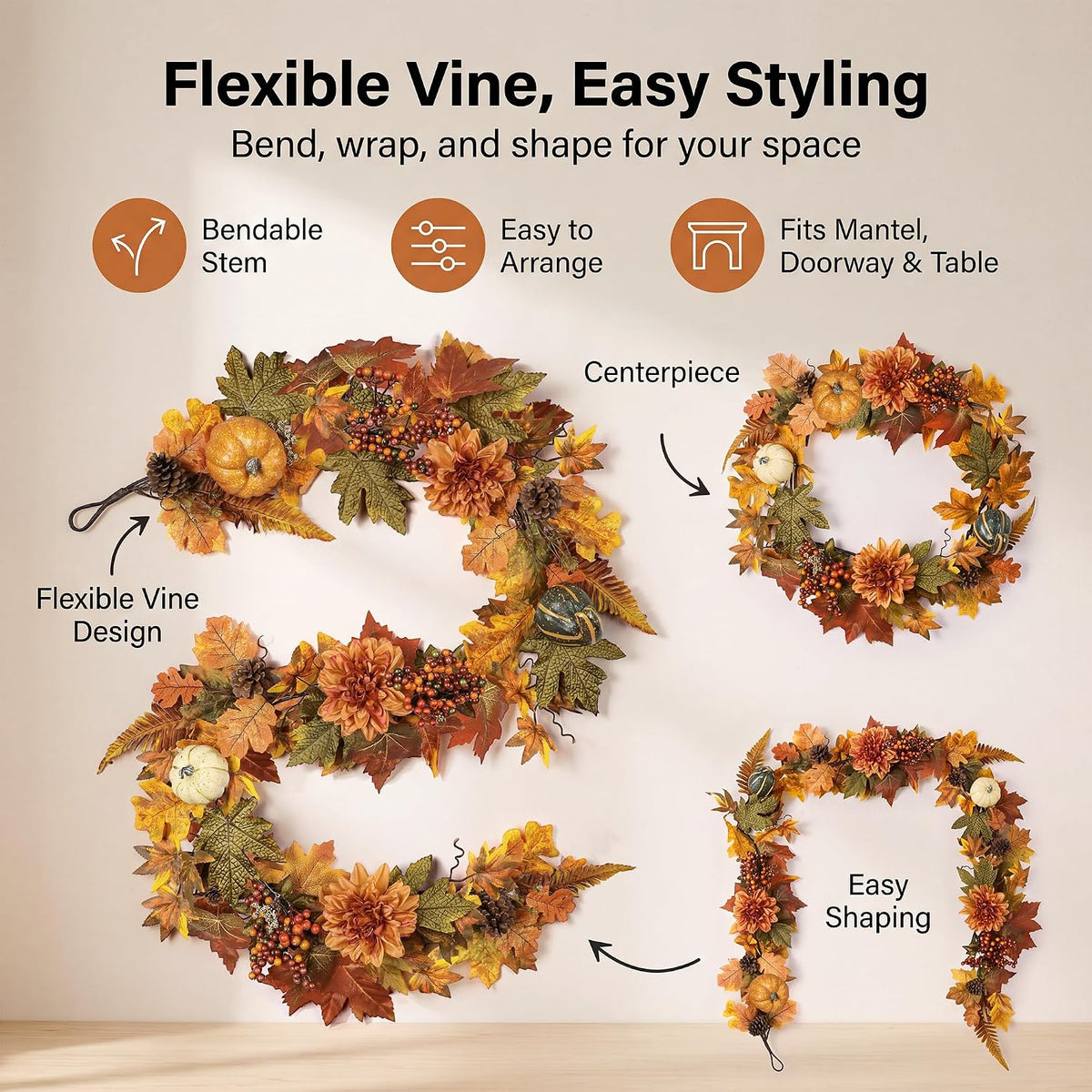 6 ft realistic fall garland for mantle autumn shown in use