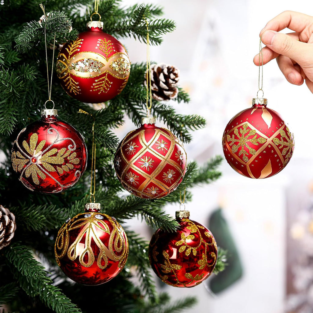 GlikCeil 6 Pcs 3.15 Inch Glass Luxury Christmas Ball Red and Gold Ball Ornaments Glass Christmas Tree Decorations Luxury Hanging Ornaments for Xmas Tree Party Holiday Decor