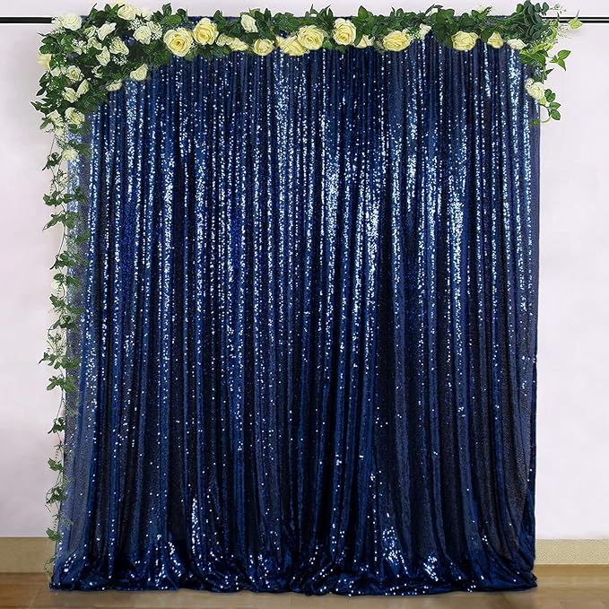ShinyBeauty Navy Blue Backdrop 2FTx8FT Sequin Backdrops 8 Panels Photo Backgrounds Shimmer Background Sparkly Curtains 16FTx8FT for Baby Shower Party Studio Decor