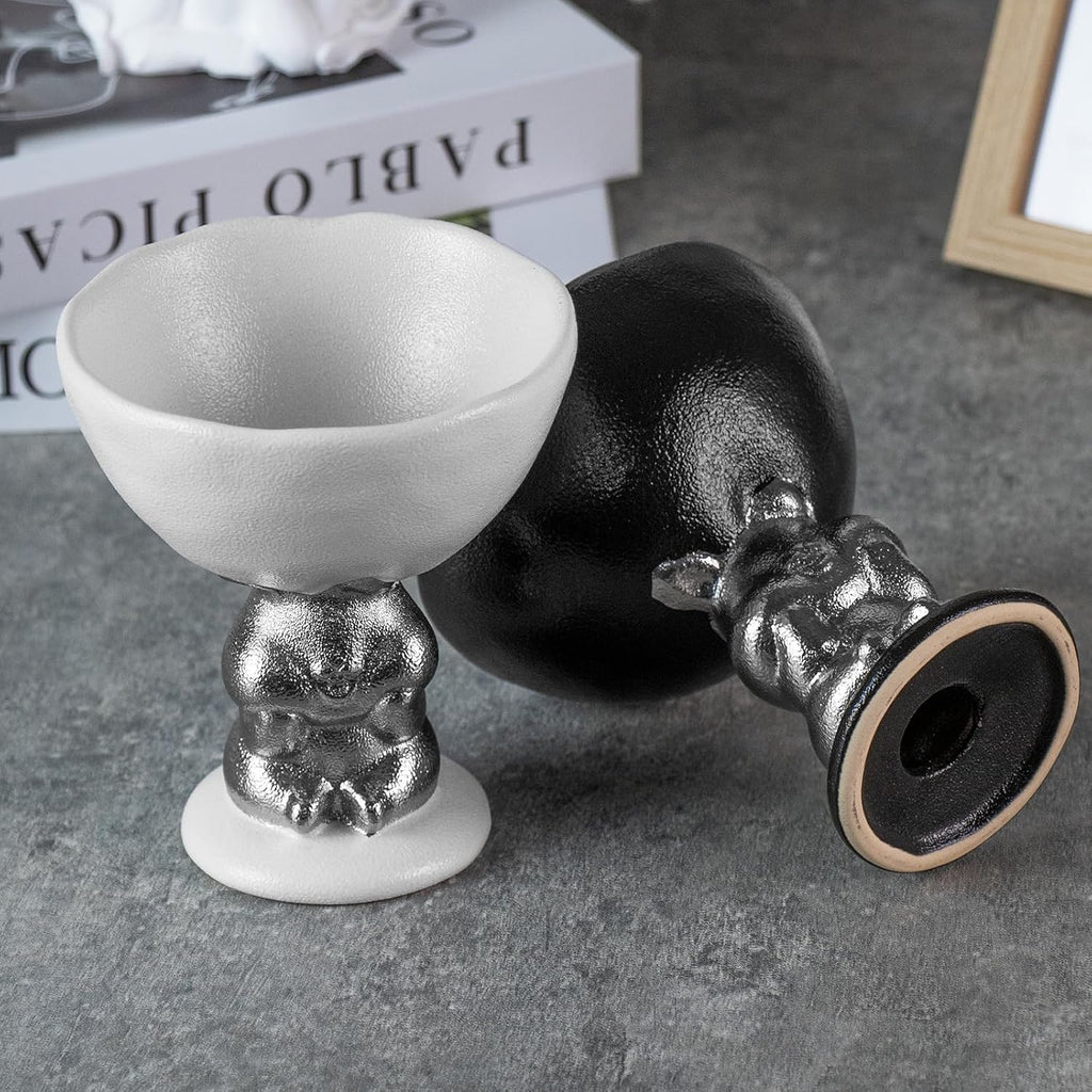 KAMMAK Ceramic Candle Holder with Silver Rabbit Figurine Base -Matte Black Scalloped Bowl Pedestal Stand for Pillar Candles, Animal-Inspired Design Black Rabbit High-Foot Bowl Candle Holder