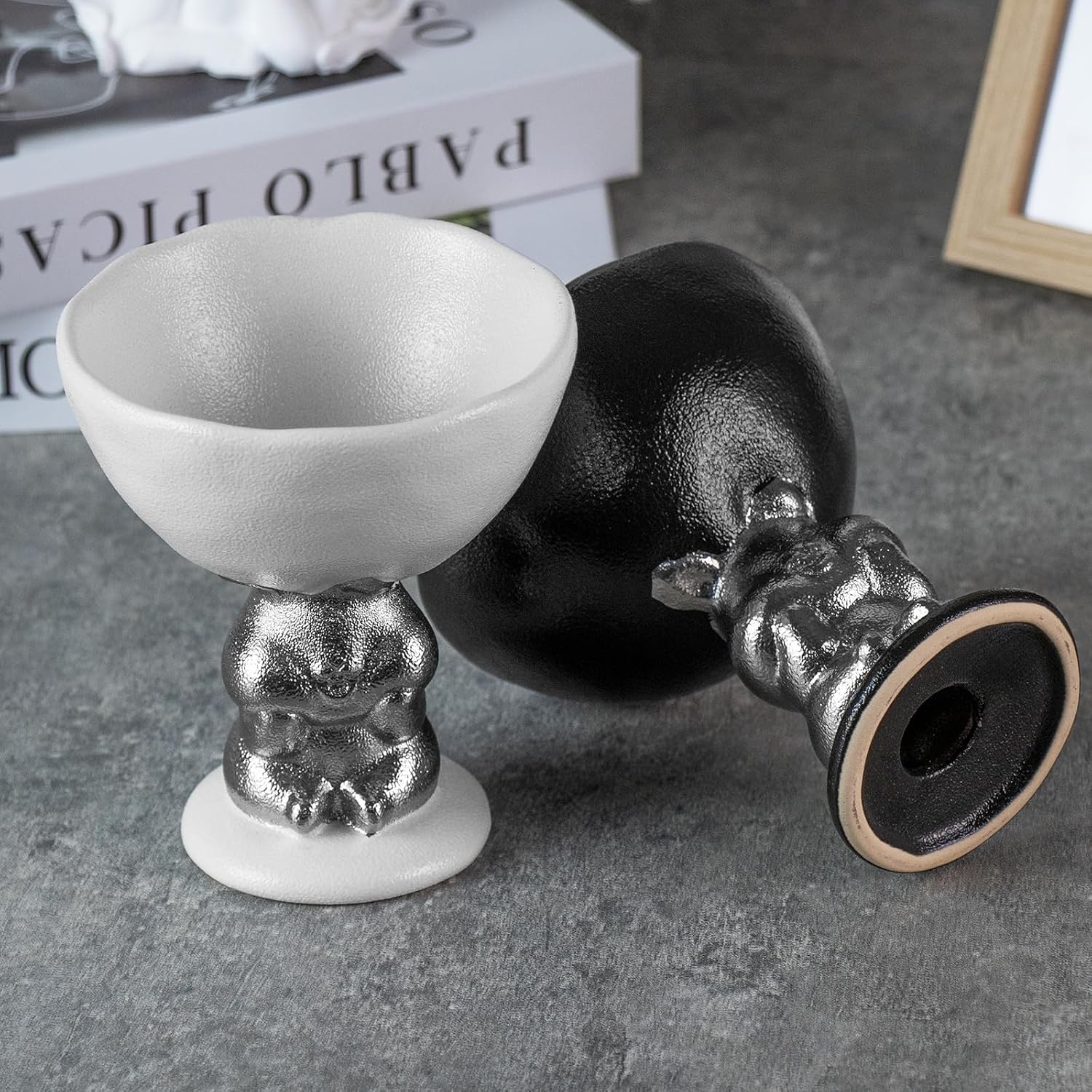 KAMMAK Ceramic Candle Holder with Silver Rabbit Figurine Base -Matte Black Scalloped Bowl Pedestal Stand for Pillar Candles, Animal-Inspired Design Black Rabbit High-Foot Bowl Candle Holder