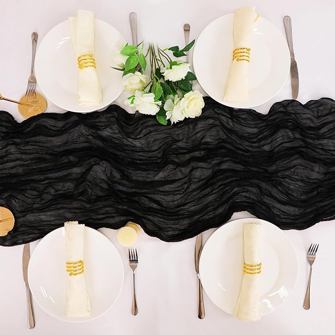 Snowkingdom 13Ft Black Cheesecloth Table Runner, 160inch Long Cheese Cloth Boho Gauze Runner for Wedding Bridal Baby Shower Birthday Holiday Party Sheer Halloween Table Decorations