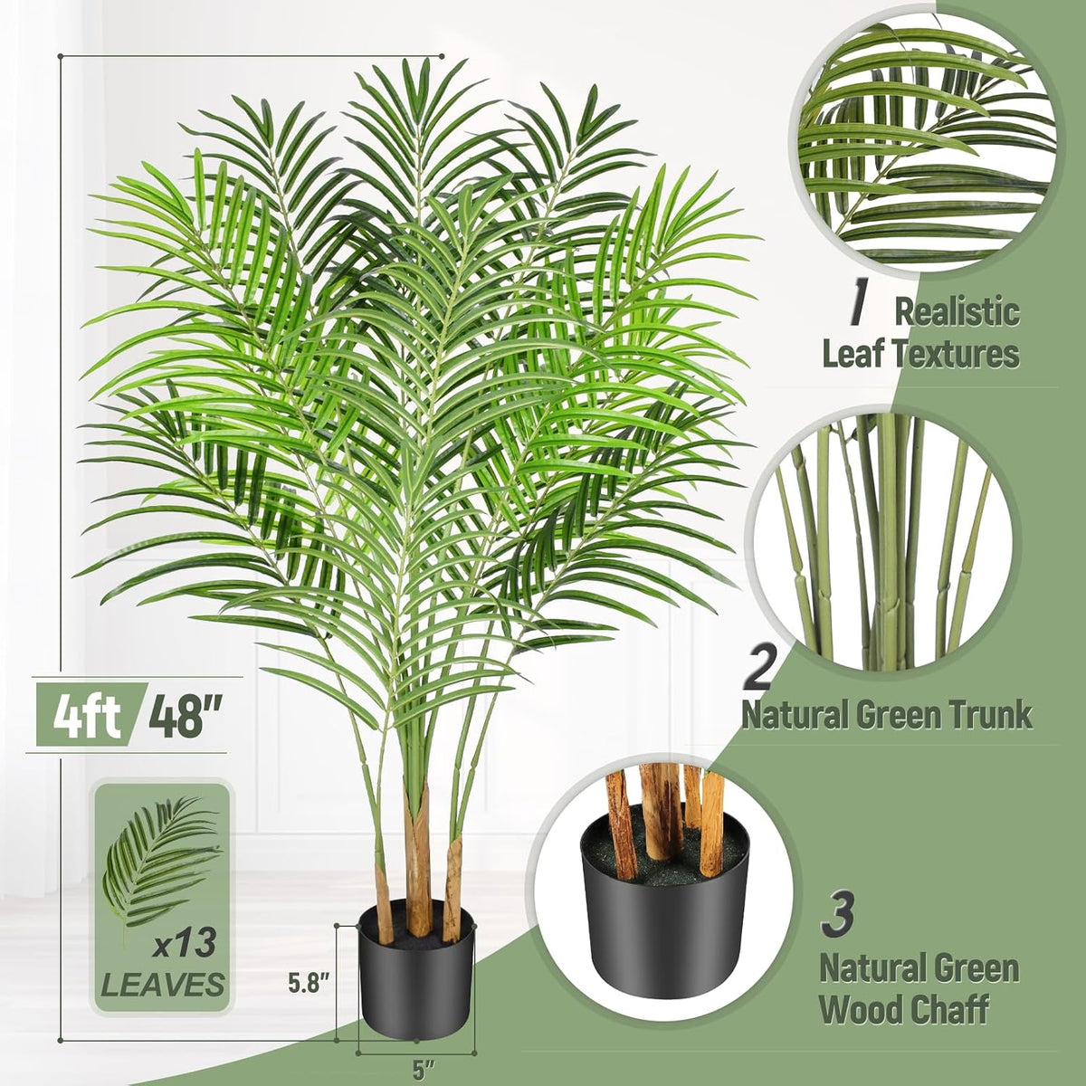 4ft artificial palm tree indoor plant tall fake, front angle view