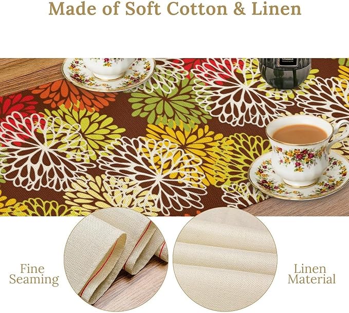 Brown Dahlia Floral Table Runner, Seasonal Autumn Thanksgiving Pattern Print for Home Kitchen Table Decor Dining Coffee Room Party Decor 13x90 Inch