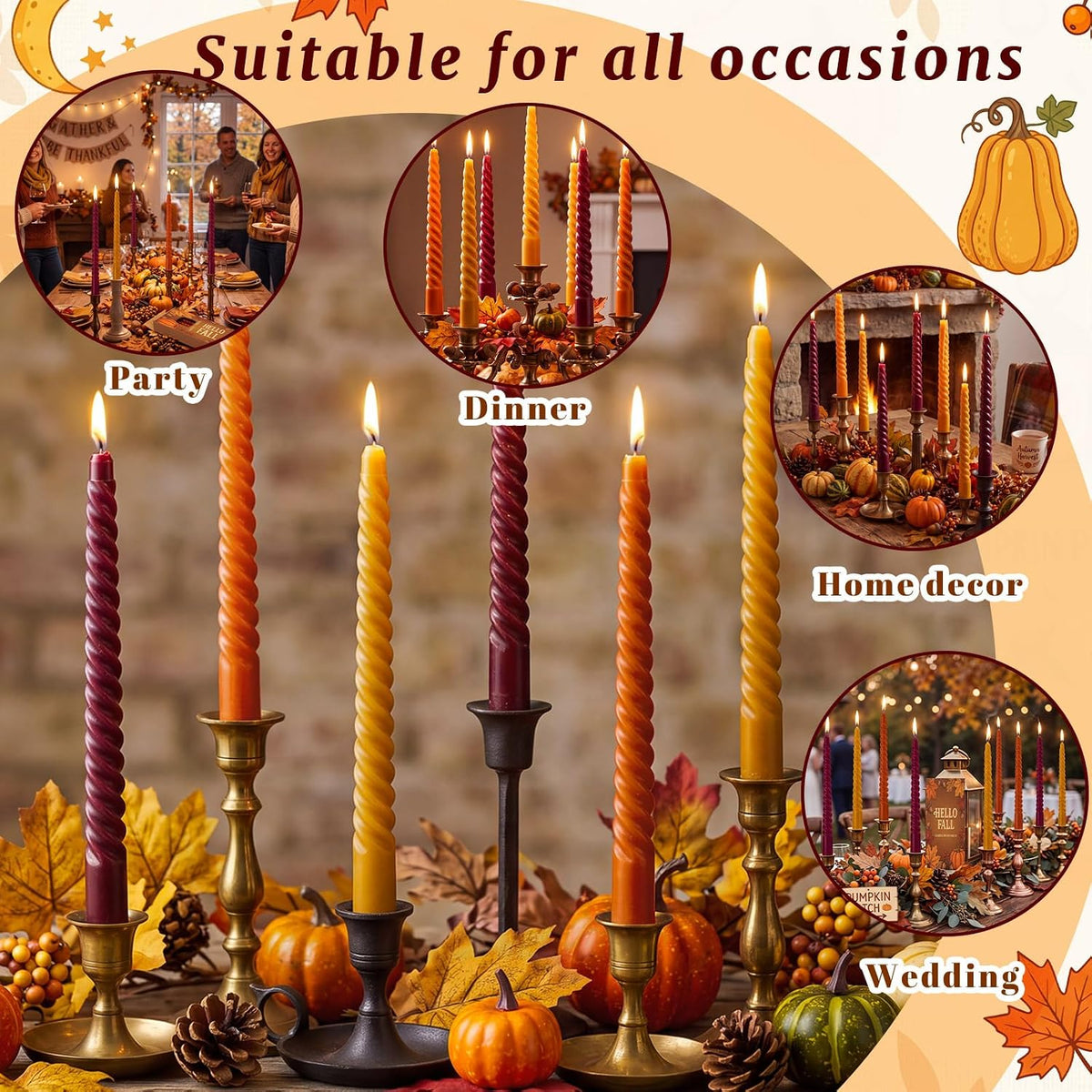 12 Pcs 10 Inch Fall Spiral Taper Candles Autumn Dripless Twisted Wax Candle