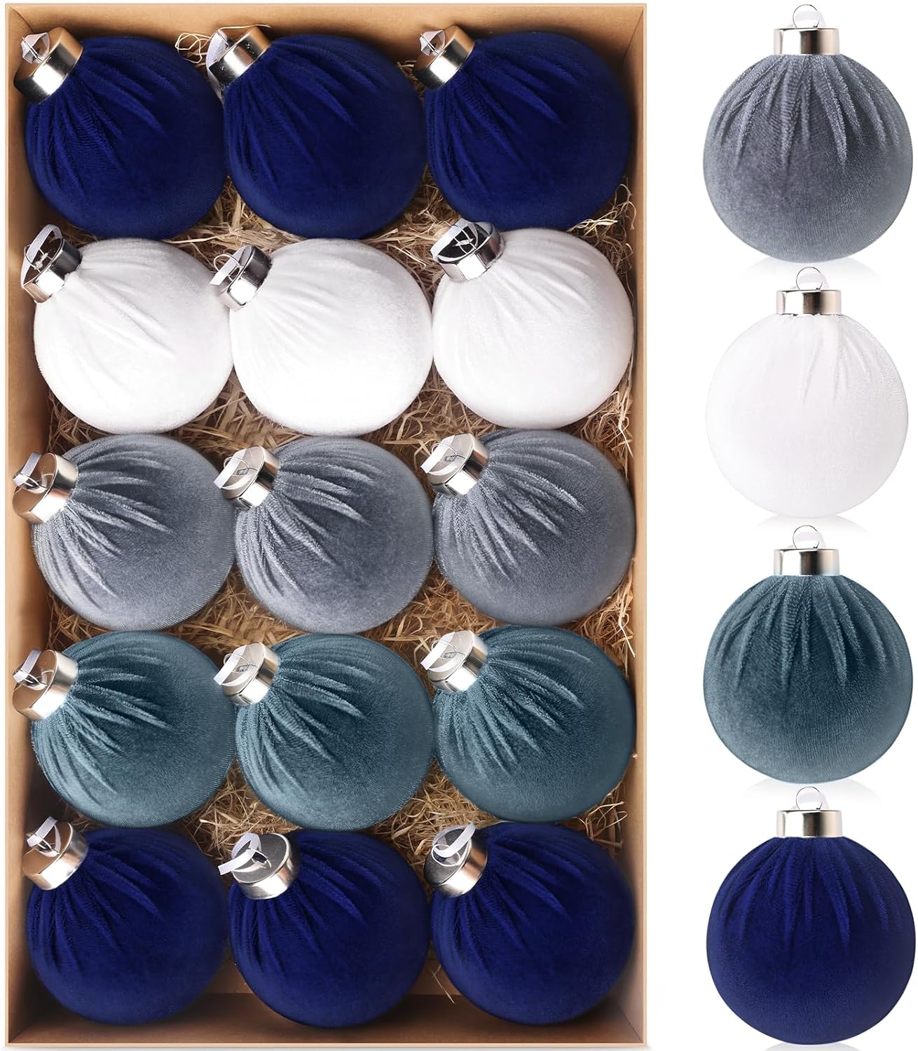 EverMerry 15 PCS Velvet Christmas Ornaments, 3.14’’ Christmas Ball Ornaments Set, Hanging Balls Decorations for Xmas Tree, Wreath, Garland, Home Decor (Blue and White)
