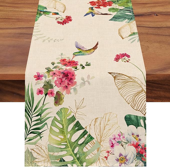 Seliem Summer Tropical Hummingbird Palm Leaf Greenery Table Runner, Spring Birds Home Kitchen Monstera Geranium Flowers Dining Decor, Seasonal Burlap Decorations Anniversary Party Supply 13 x 48 Inch