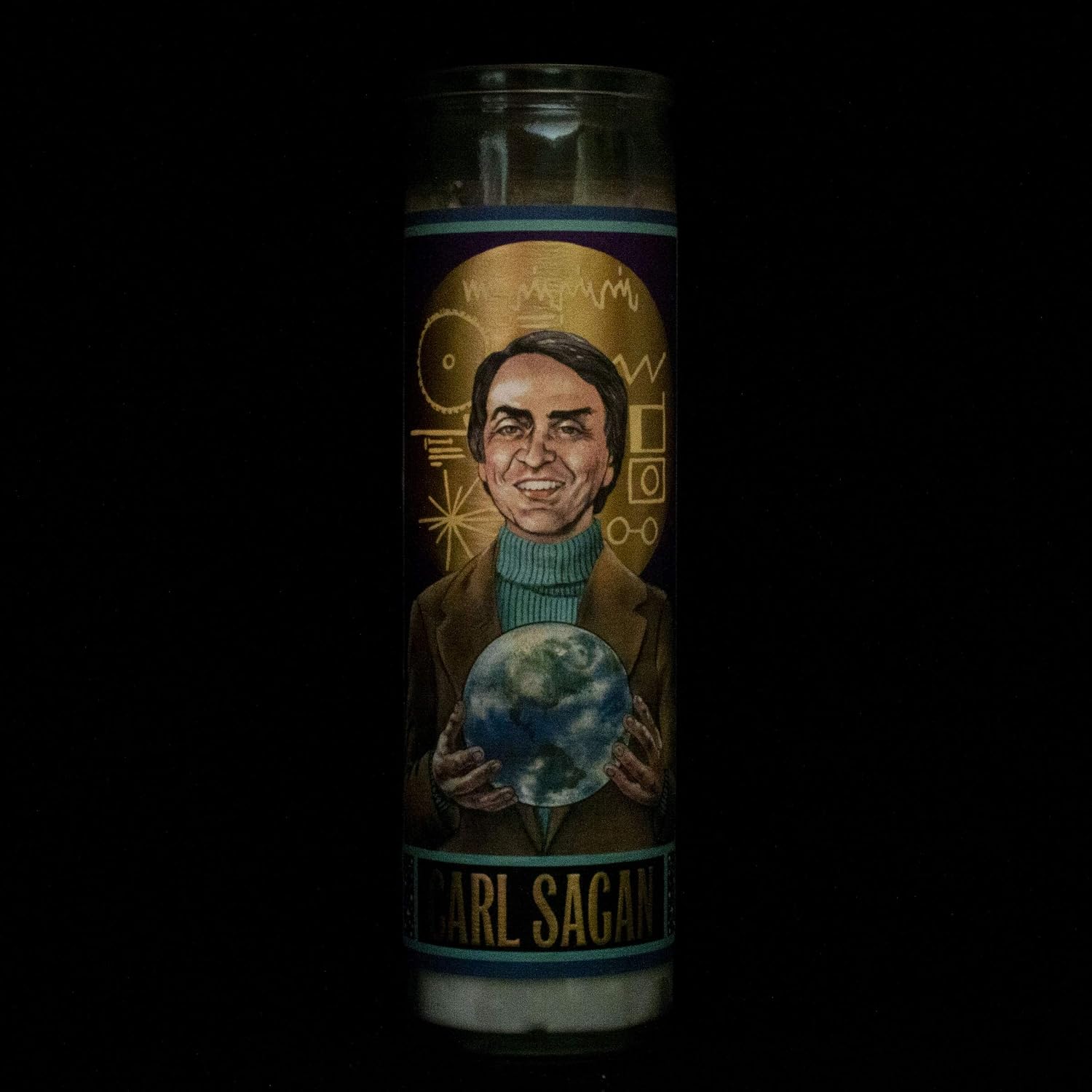 The Unemployed Philosophers Guild Carl Sagan Secular Saint Candle - Unscented 8 Inch Tall Glass Prayer Votive, Made in The USA