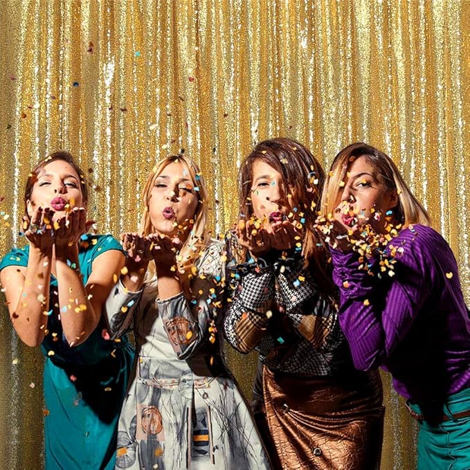 JYFLZQ Gold Sequin Backdrop Curtains 2ft x 8ft 4 Panel Glitter Photo Booth Backdrops Sparkly Photography Background Drapes for Parties Wedding Bridal Showers