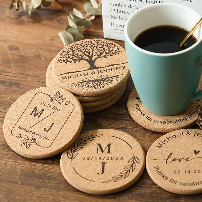 Personalized Cork Coasters - Custom Engraved Wedding Favor,Natural Round Drink Coasters, Bulk Guest Gifts, Bridal Shower,Party,Reception and Anniversary Gift Decor - Set of 25-300pcs