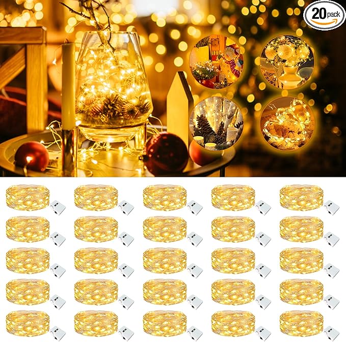 20 Pack Fairy Lights Battery Operated - 7ft 20 Led Twinkle Lights 3 Modes, Bulk Mini String Lights Waterproof for Mason Jars Vases DIY Party Wedding Decoration Christmas -Warm White