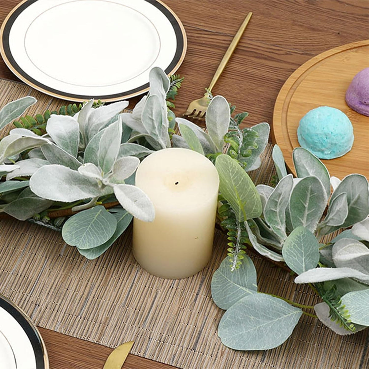 shacos artificial flocked lambs ear garland with eucalyptus, side view
