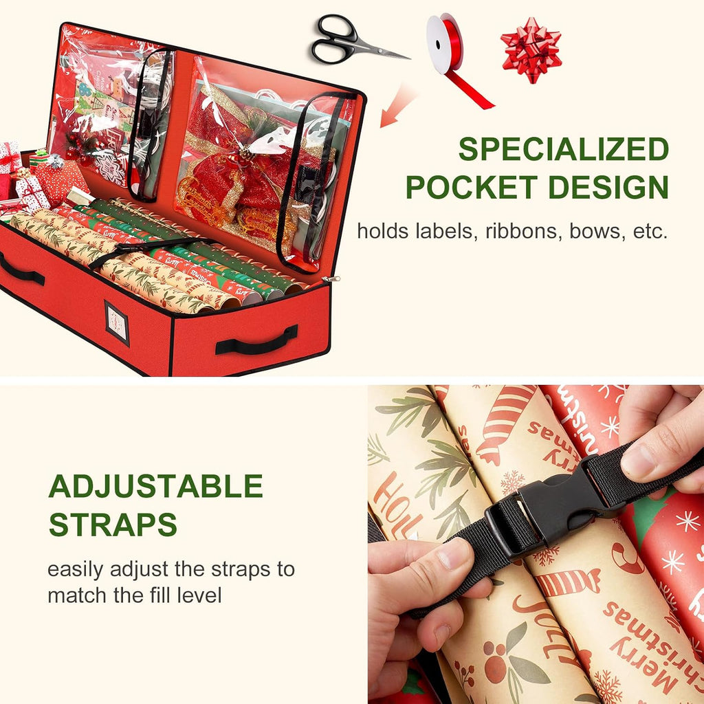 HikooLSS Wrapping Paper Organizer Storage Container 600D Heavy Duty (Red) | Tear Proof for Holiday Christmas Gift Wrapping Storage with Flexible Partitions Storage Container for Ribbon, Accessories