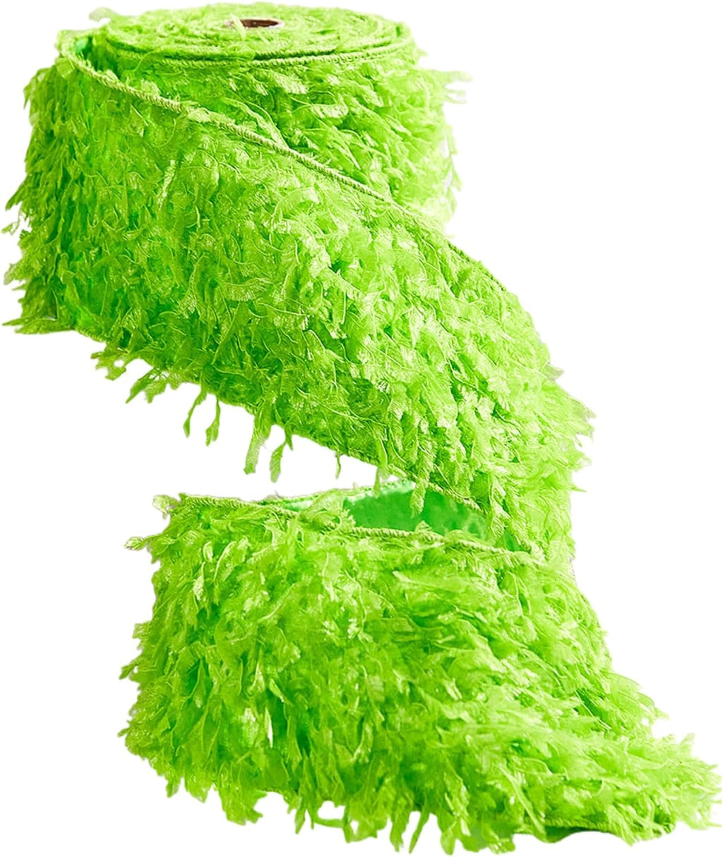 Meseey Festive Green Faux Fur Wired Ribbon Trim,10 Yards Ideal for Christmas Wreaths,Gift Wrapping & DIY Craft Decorations (Lime Green, 4 Inch)