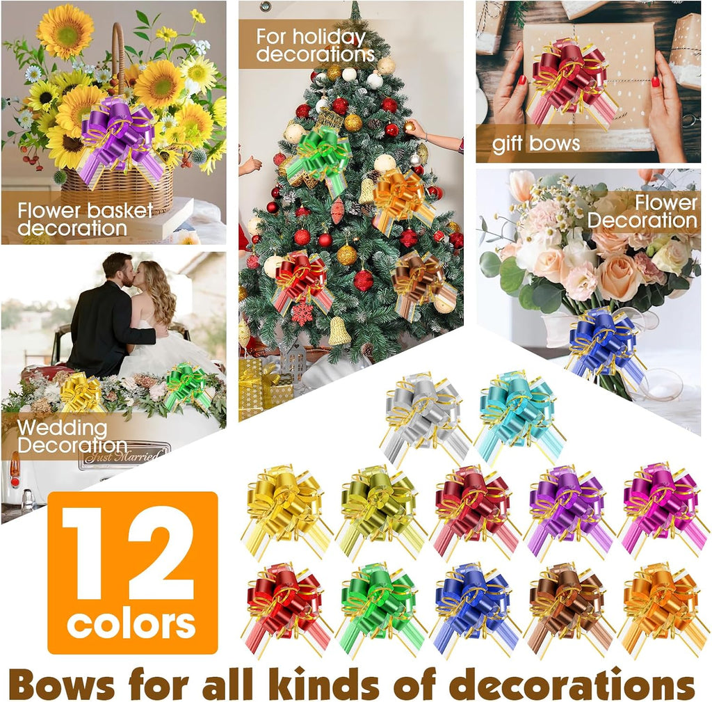 24 Pcs Pull Bows for Gift Baskets, 12 Color 6 Inch Large Gift Bows for Wrapping, Organza Phnom Penh Gift Wrap Bows for Presents&Crafts, Pull Ribbon Gift Bows for Wedding,Party,Christmas,Thanksgiving.