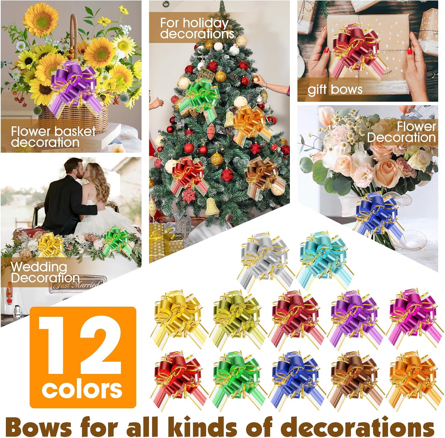 24 Pcs Pull Bows for Gift Baskets, 12 Color 6 Inch Large Gift Bows for Wrapping, Organza Phnom Penh Gift Wrap Bows for Presents&Crafts, Pull Ribbon Gift Bows for Wedding,Party,Christmas,Thanksgiving.