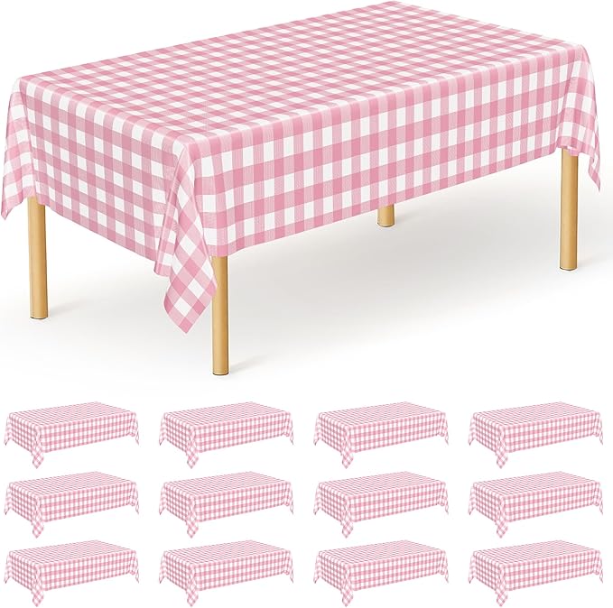 12Pack Table Cloth Rectangle Table, 54" x 108" Plastic Table Cloth Disposable, Waterproof Pink and White Checkered Table Cover for Outdoor Picnic Birthday Party Supplies Gathering BBQ Holiday Dinner