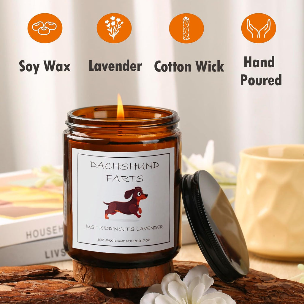 Dachshund Gifts & Decor, Dachshund Gifts for Women, Weiner Dog Gift for Women - Dachshund Farts Candle, Natural Soy Wax Lavender Scented Candle 7oz
