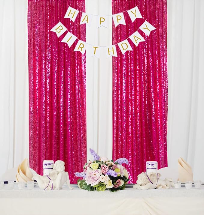 ShinyBeauty Sequin Curtains Panels Hot Pink Sequin Backdrops 4 Pieces Photo Backdrop Shimmer Background for Baby Shower Fuchsia Fabric Curtain New Year,Birthday Party,Holiday Decor (2Ftx8Ft)