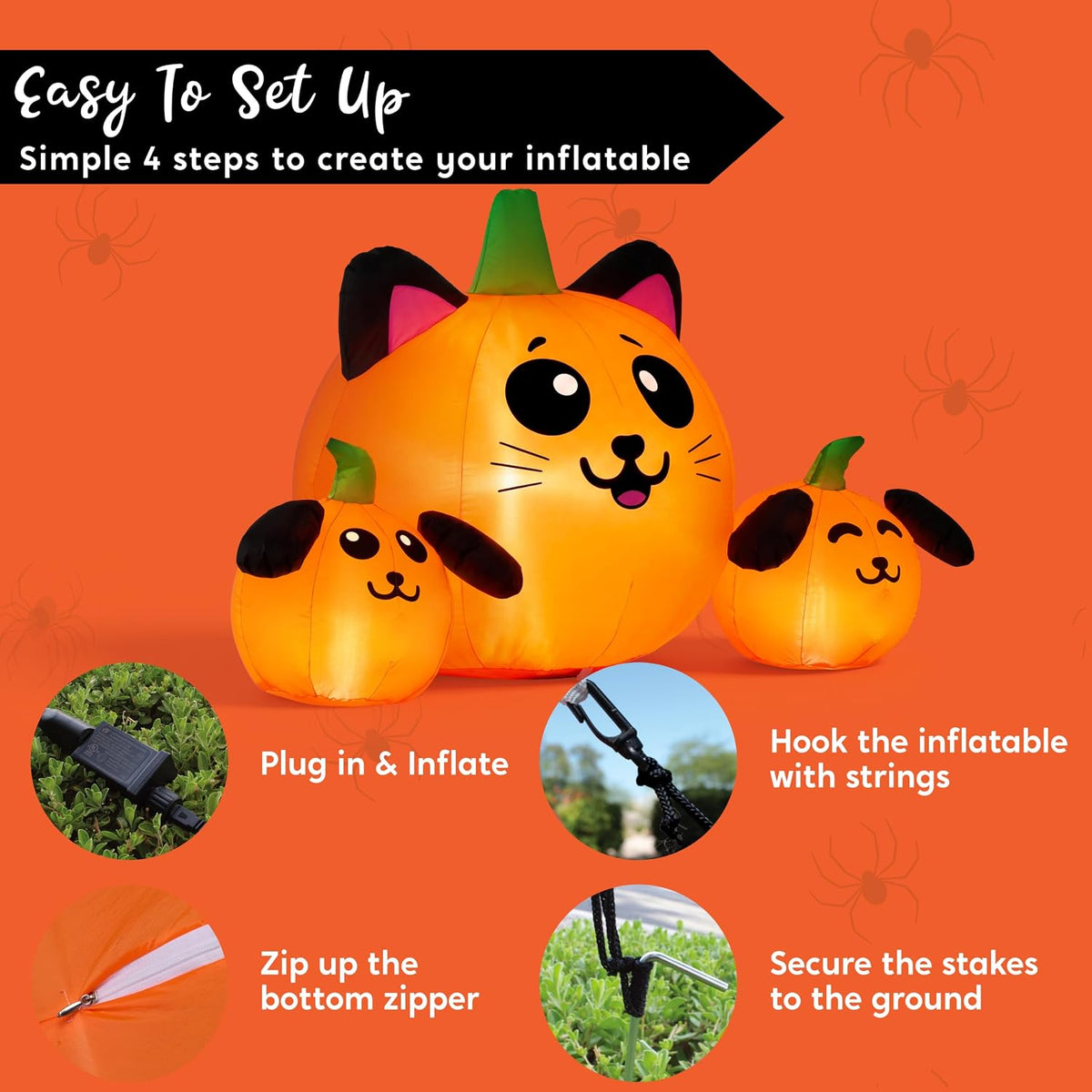 JOYIN 5FT Long Halloween Inflatable Pumpkin Cat & Dog Head Combo Outdoor ...
