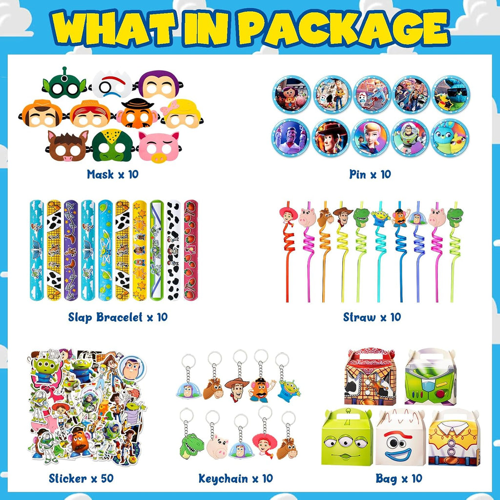 Toy Birthday Decorations,110Pcs Party Supplies,Include 10 Circles,10 Pattern Decorations,10 Key Chains,10 Masks,10 Gift Bags,10 Straws and 50 Stickers