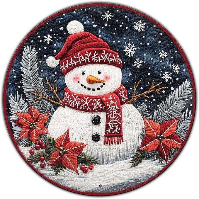 Round Christmas Snowman Decor Metal Tin Sign for Door Hanging Sign for Home Bars Clubs Cafes 12 * 12 in