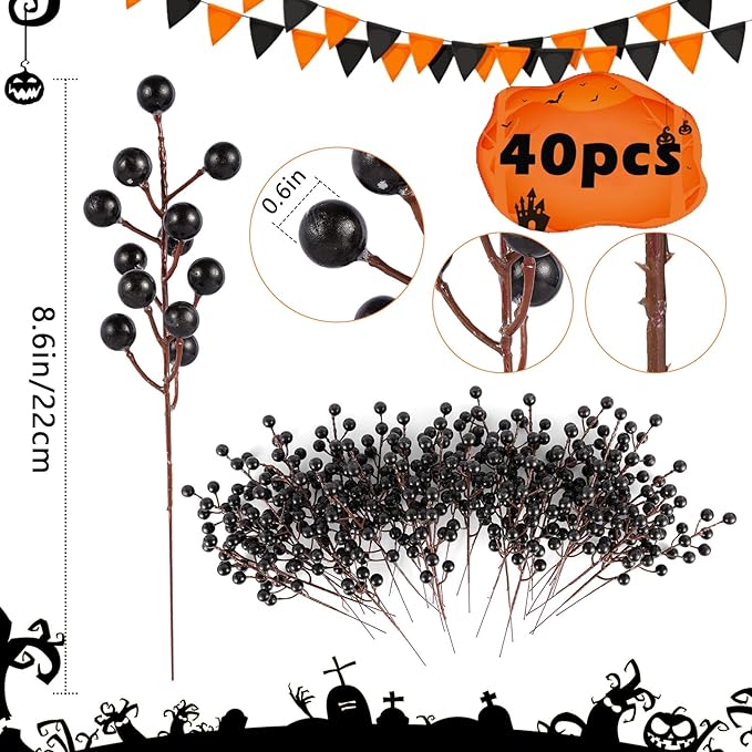 40 Pcs Artificial Berry Stems Branches, Halloween Black Faux Holly Berries Picks Ornaments for Christmas Tree Wreath DIY Craft Decorations Holiday Home Decor (40, Black)