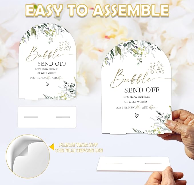 Greenery Bubble Send Off Sign, 6 x 8 Inch White Arch Acrylic Wedding Sign with Holder, Wedding Sign for Ceremony and Reception, Wedding Decoration, Wedding Supplies - LY14