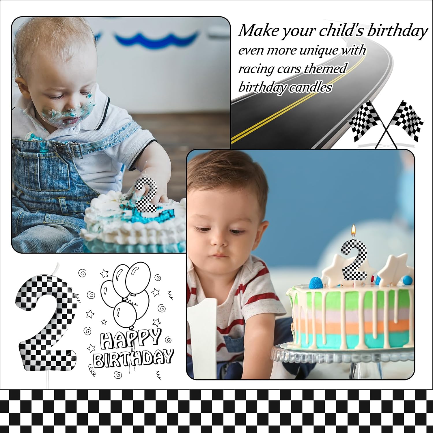 Racing Cars Themed Birthday Candle Number 2 Checkered Candle Birthday Party Decoration Cake Topper for Racing Car Party Decoration Theme Party Supplies (Number 2)