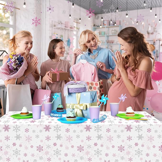 3 Pcs Christmas Snowflake Party Tablecloths Decorations,Plastic Pink Winter Onederland Rectangle Table Cover for Christmas New Year Girls 1st Birthday Baby Shower Holiday Party Decorations,54x108 inch