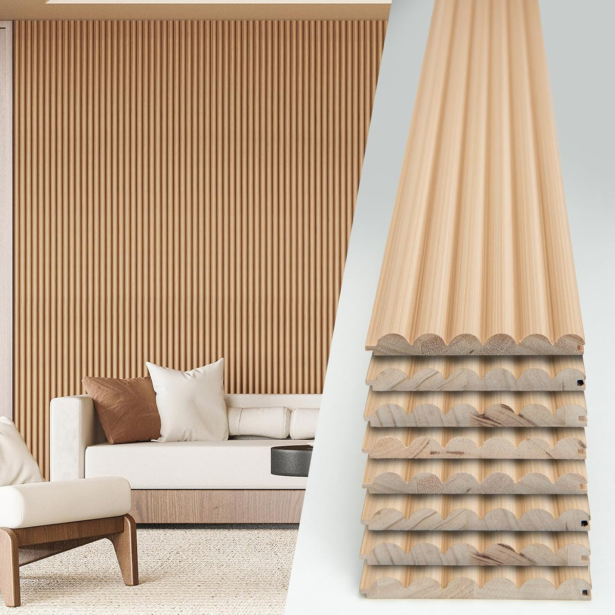 Art3d 108 x 5.7 Inch Fluted Wood Wall Paneling for Home Decor, Beaded Oak