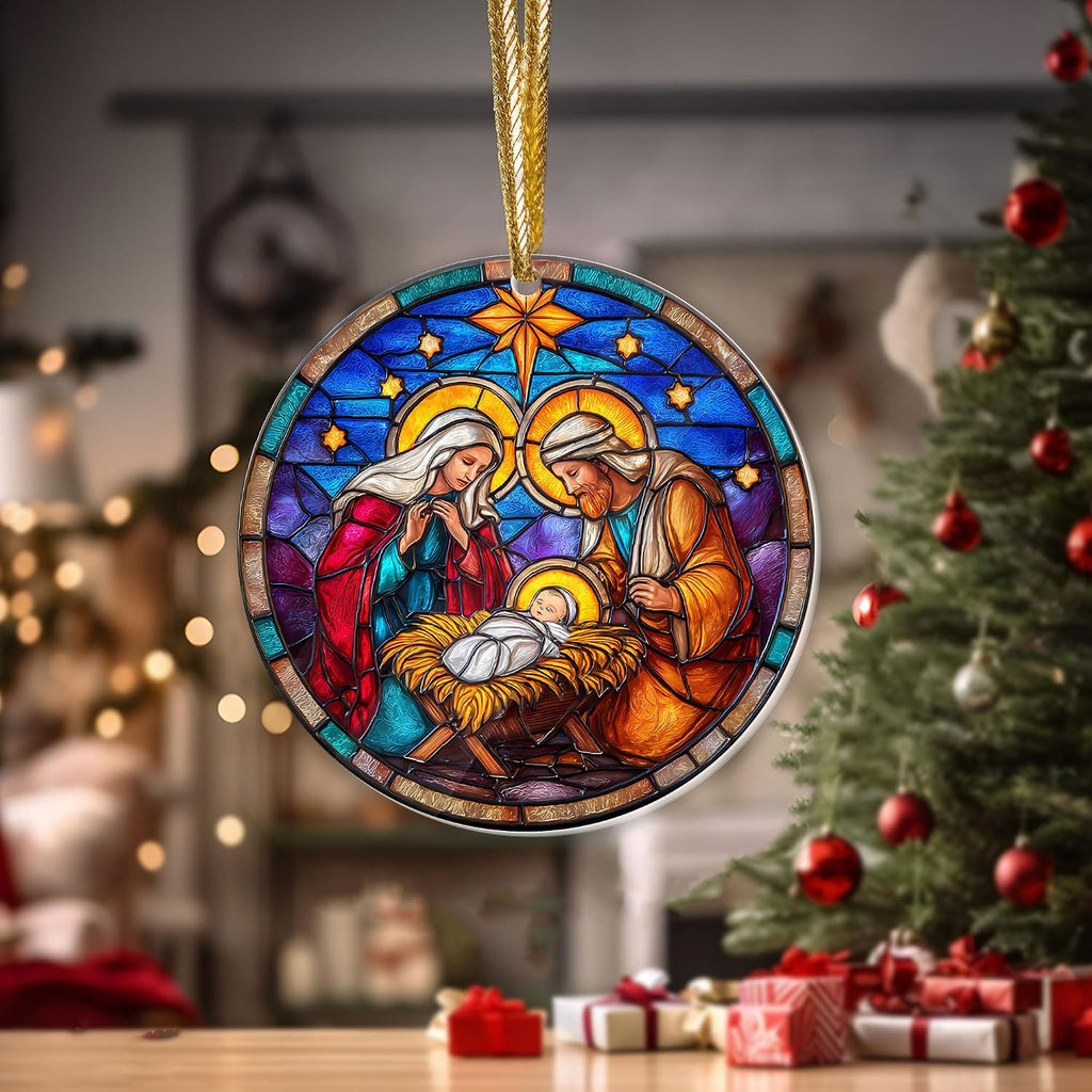 Christmas Nativity Scene Ornament 2025, Holy Family Stained Glass Effect 3.54" Acrylic Ornament, Baby Jesus Ornaments for Christmas Tree Decor - Catholic Religious, Christian Gifts for Women, Friends