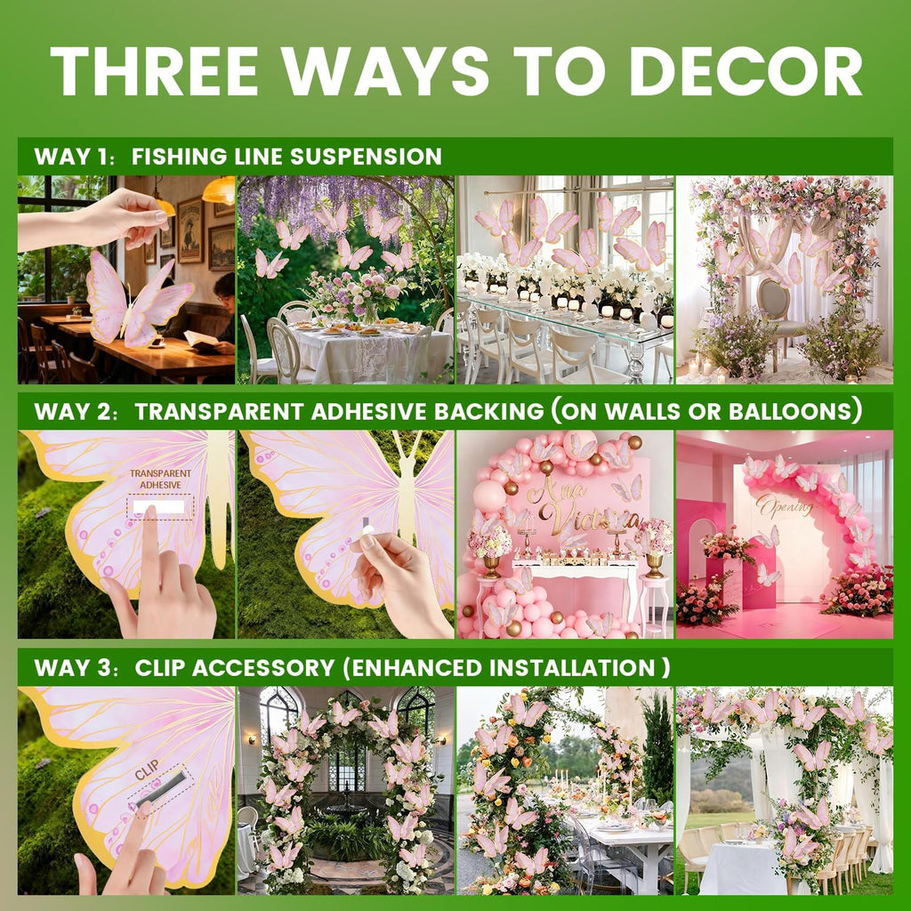 Mverse 3D Butterfly Wall Decor - Gold Paper Butterflies Sticker for Balloon Arch Garland & Cake Topper - Removable Mural Decals for Baby Shower, Wedding, Nursery & Girls Room Decoration (Pink)