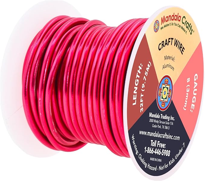 Mandala Crafts 8 Gauge Anodized Aluminum Craft Wire for Jewelry Making - 32 FT Colored Flexible Raspberry Wire - Bendable for Bonsai Armature Crafting Sculpting