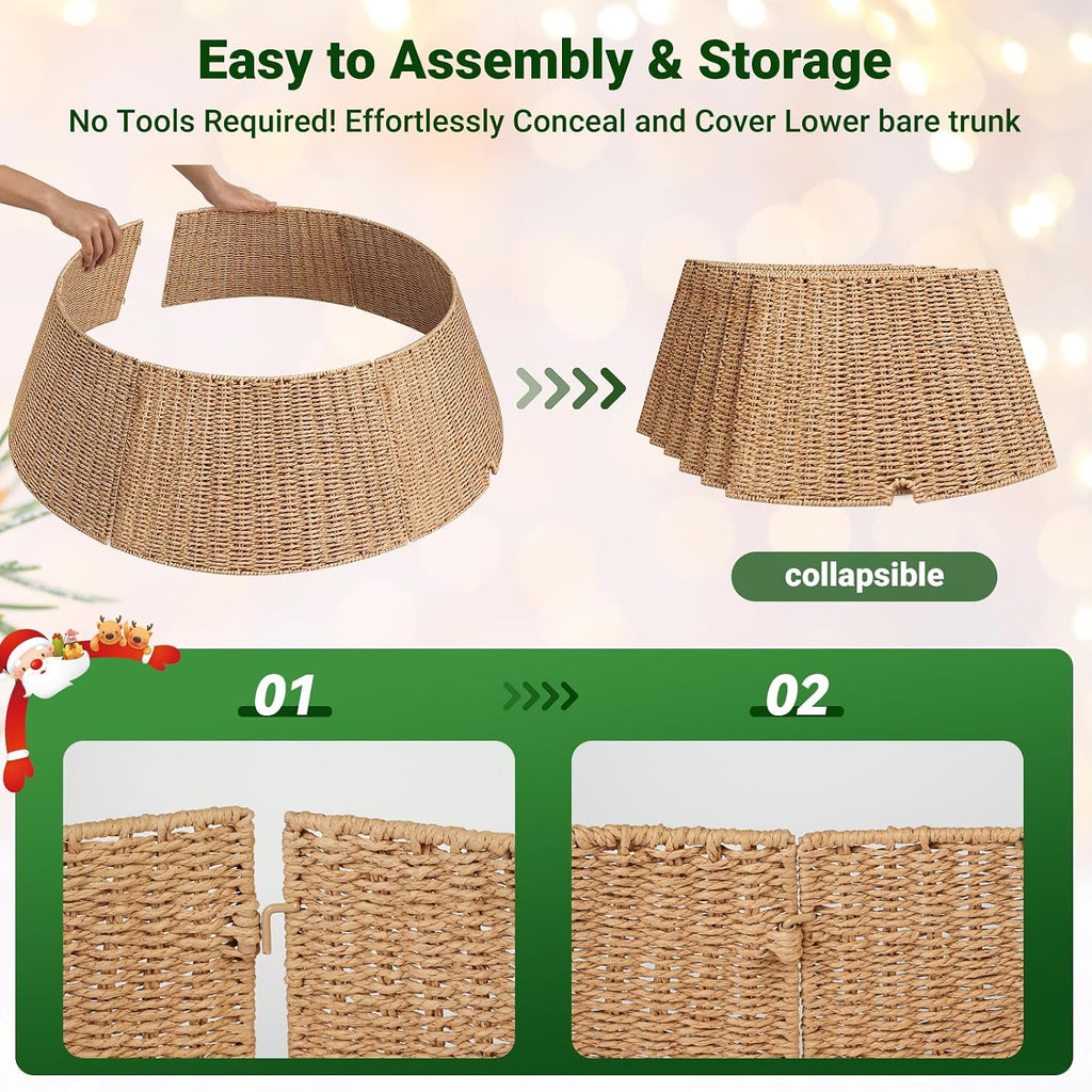 ELYKEN Christmas Tree Collar, 33 Inch Rustic Xmas Tree Basket for Artificial Trees, Paper Rope Woven Tree Skirt Ring, Tree Base Cover with Cord Cut-Out, Farmhouse Pencil Tree Collar for Home Decor