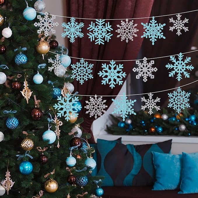 Winter Snowflake Cutouts - Glitter Paper Snowflake Decorations - 50Pcs Blue & Silver Double-Side Christmas Cutouts for Holiday Winter Wonderland Bulletin Board, Frozen Party Decor