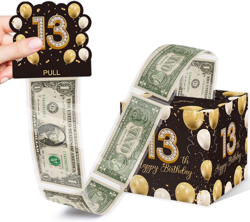 Azbuk 13th Birthday Money Pull-Out Surprise Box Gift for Teens | Creative Cash Present with Pulling Design | Includes 35PCS Clear Money Bags for Cash Gifts (Unisex Boys & Girls)