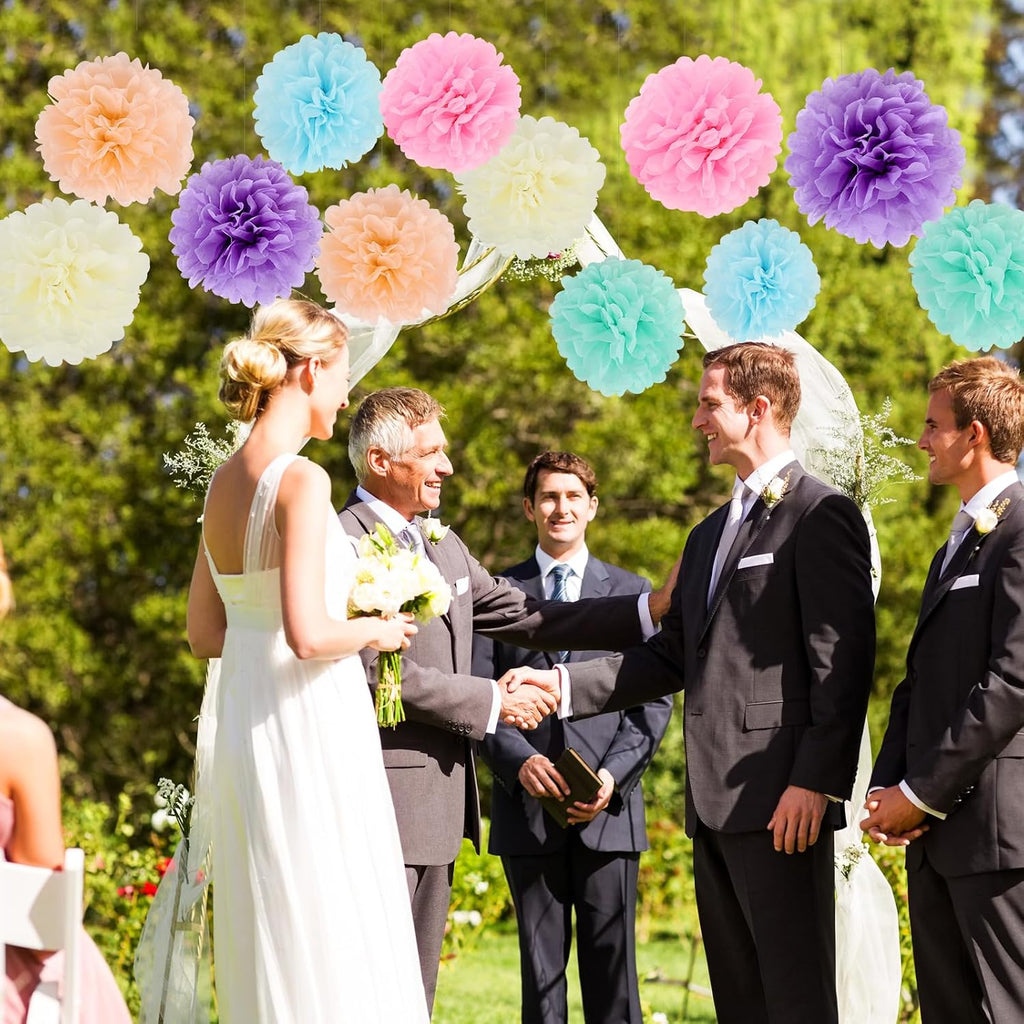 BestoFun 16Pcs Pastel Party Decorations - Pom Poms, Paper Flowers for Wedding, Birthday, Engagement Receptions, Bridal Shower