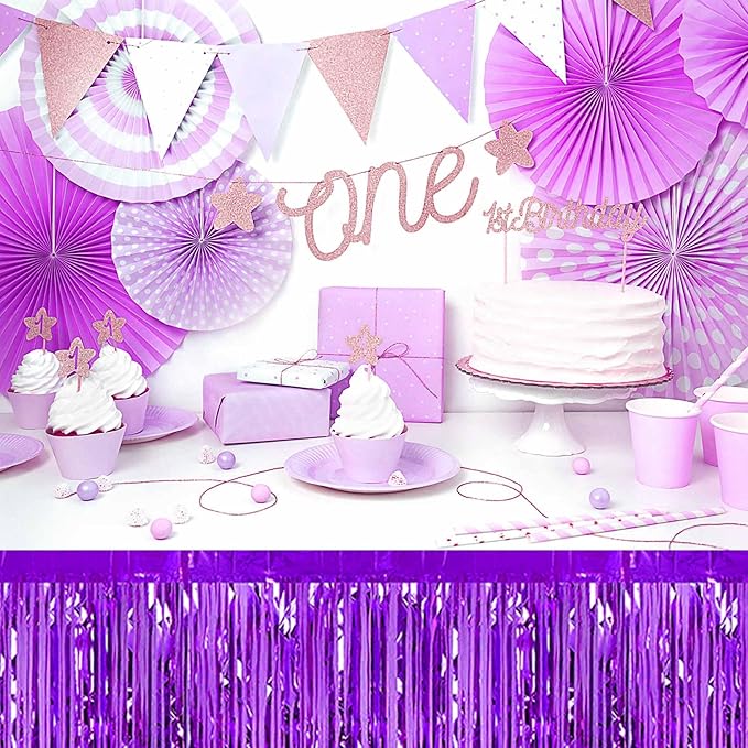 3 Pack 29 x108 Inch Purple Foil Fringe Table Skirts Metallic Banner for Tinsel Streamer Garland Backdrop for Parade Floats Mother's Day, Graduate, Birthday, Wedding Party Decoration