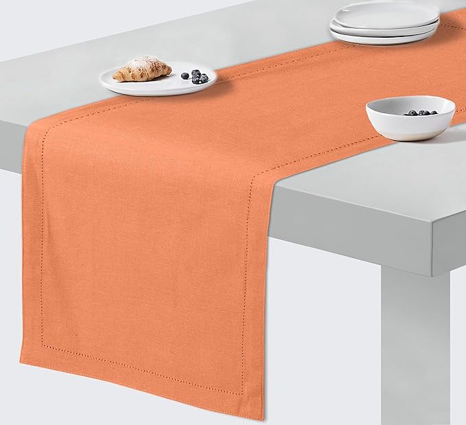 Ruvanti Linen Table Runner 48 Inches, Classic Hemstitch, Washable, Reusable, Non-Slipping, Stain Resistant- Perfect for Parties, Weddings, Dinners, Thanksgiving, Christmas, Indoor use – Orange