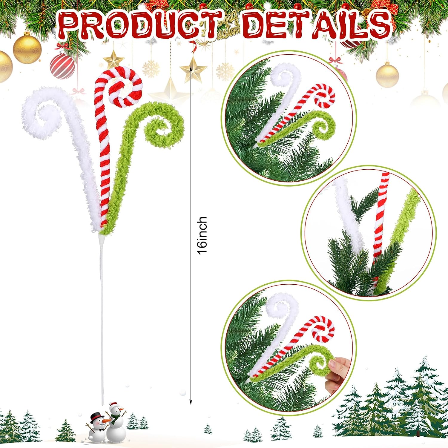 White Red and Green Christmas Tree Decor 16" Candy Cane Tree Pick Lime Green Xmas Topper Ornament Curly Stem Large Lollipop Branch Stick Elf Pick Spray for Home Wreath Vase Filler Craft Holiday Party