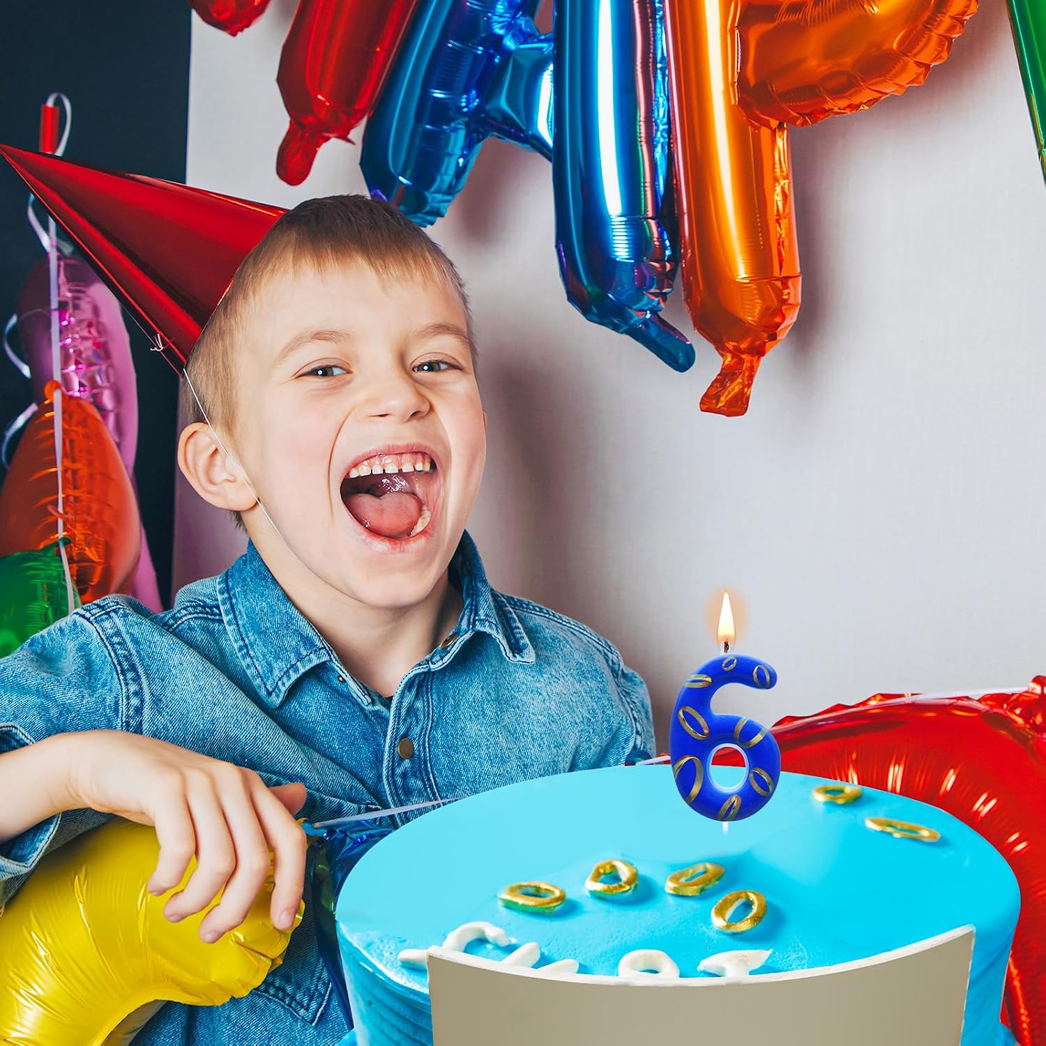 Conelist Number 6 Birthday Cake Candles Blue and Golden Rings Number Candle with Vibrant Designs for Boys & Girls, Theme Birthday Decorations, Cake Toppers for Theme Parties