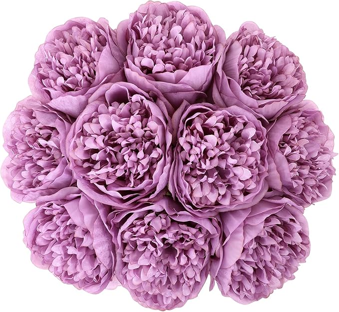 U'Artlines Artificial Peony Silk Flower with Stems 10pcs Real Look Vintage Peonies for Home Wedding Decoration (Purple)