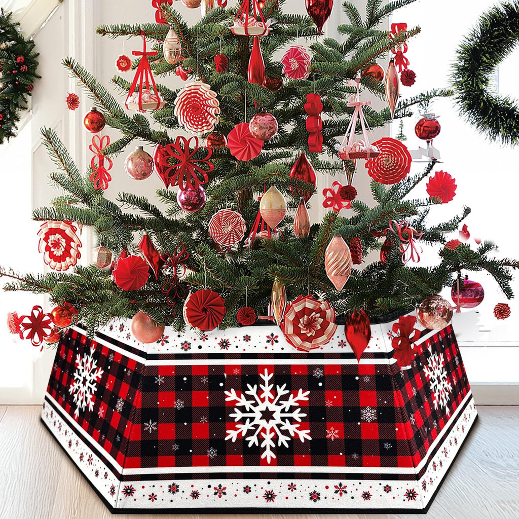 Christmas Tree Collar, Red Christmas Tree Collar, Buffalo Plaid Christmas Trees Skirt, Square Christmas Trees Ring, Foldable Hexagon Xmas Tree Skirt, Snowflake Decor for Holiday Party Home, 31 inch