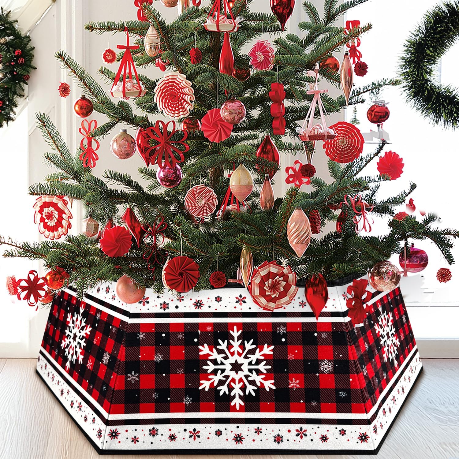 Christmas Tree Collar, Red Christmas Tree Collar, Buffalo Plaid Christmas Trees Skirt, Square Christmas Trees Ring, Foldable Hexagon Xmas Tree Skirt, Snowflake Decor for Holiday Party Home, 31 inch