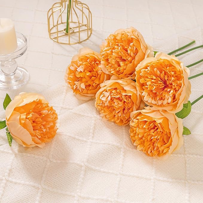 U'Artlines Artificial Peony Silk Flower with Stems 10pcs Real Look Vintage Peonies for Home Wedding Decoration (Orange)